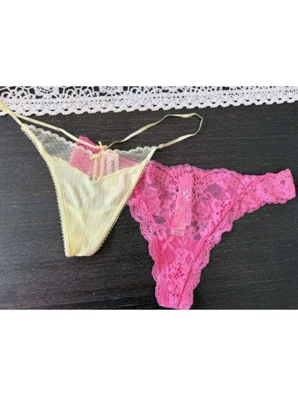 NWT Victoria's Secret lace panties yellow & pink bows thong size Large NEW